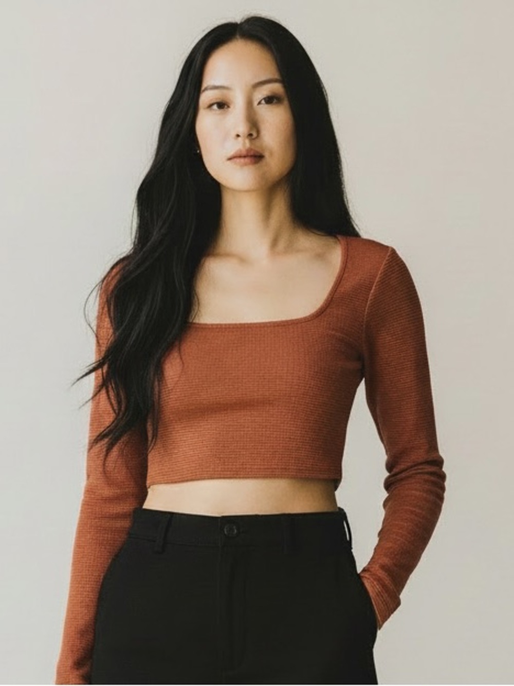 House of Harlow 1960 Rust Square Neck Waffle Crop Top